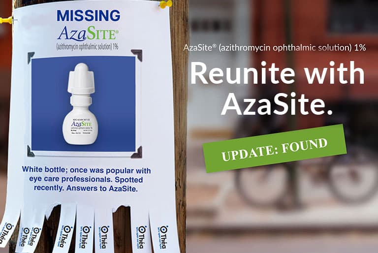 Missing poster attached to telephone pole with picture of AzaSite that describes AzaSite was missing has been spotted recently and there are tear-offs at bottom of poster with Théa logo